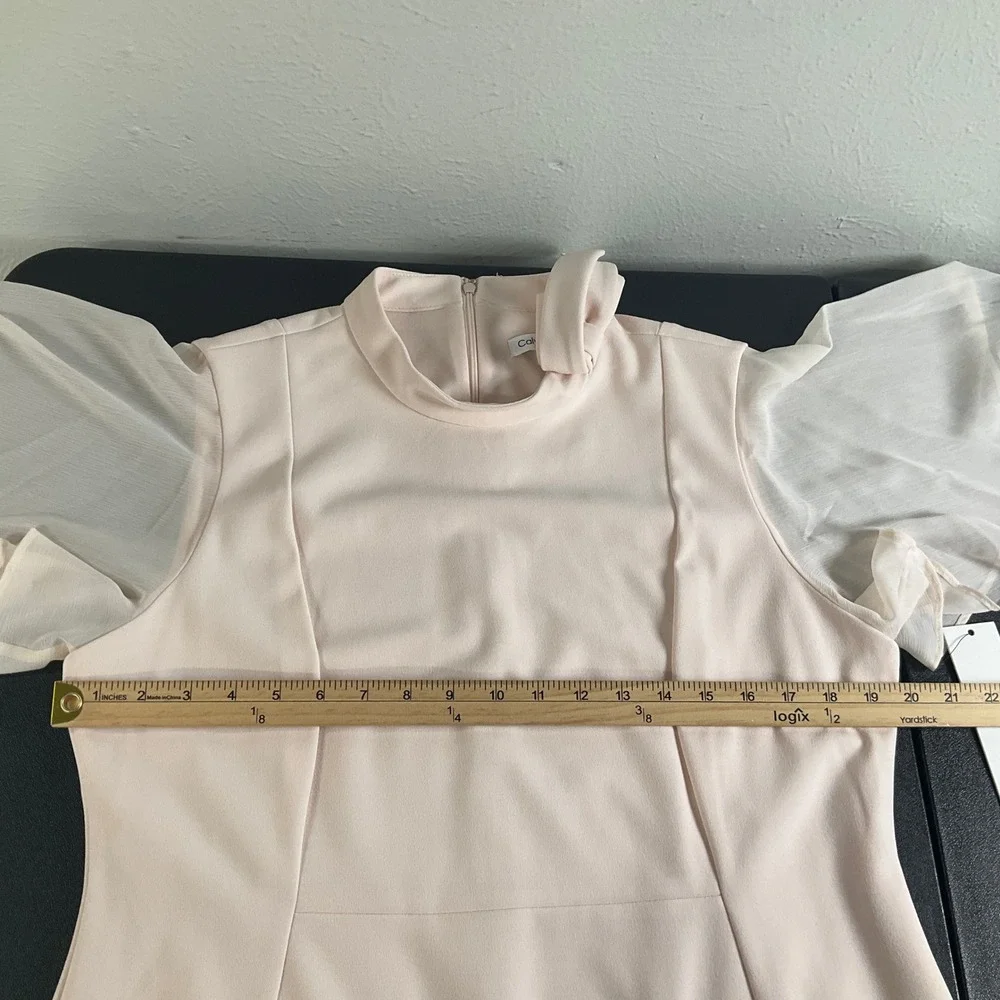 Calvin Klein Dress Women's Sz 16 Sheer Sleeve Mock Neck Bow‎ Blush Pink Formal - Picture 12 of 15